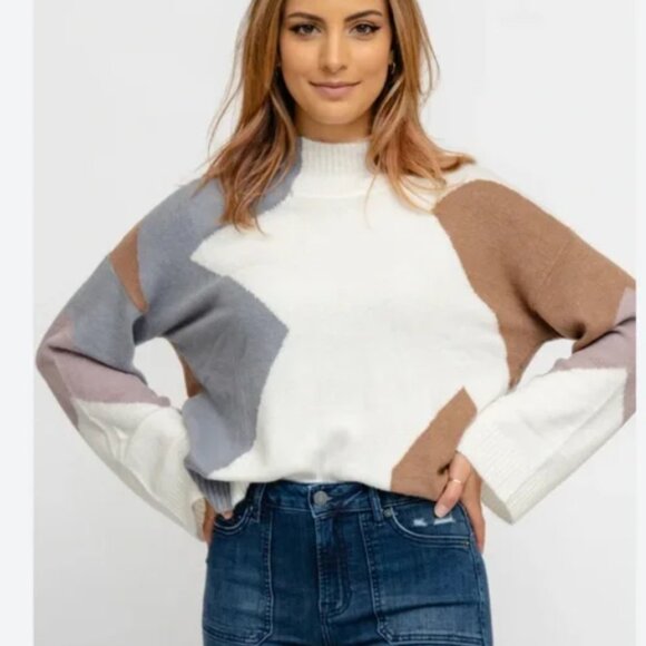 Gilli Women's Color Block Geometric Pattern Mock Neck Soft Sweater Medium - Picture 1 of 4